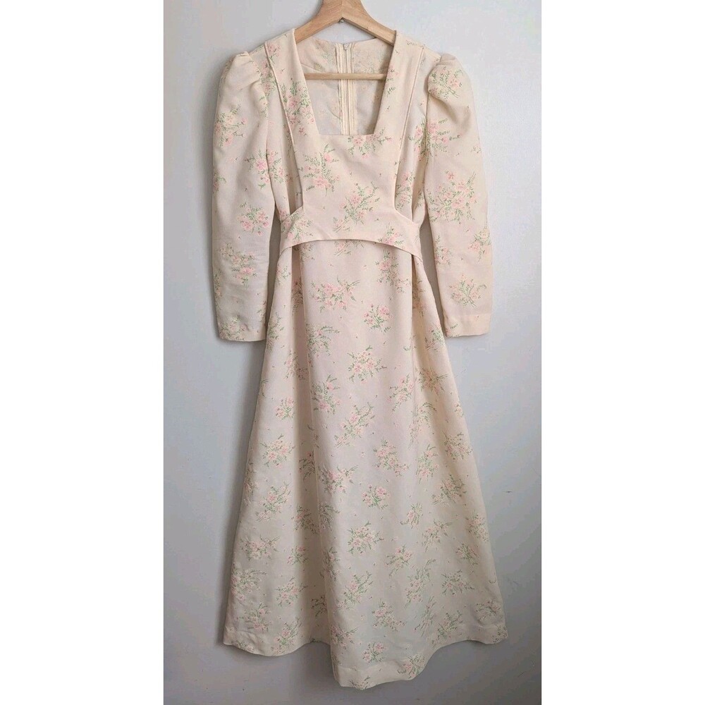 Vtg 70s Bridesmaid Dress Ecru Floral Maxi Cottage Sister wife Regency S XS